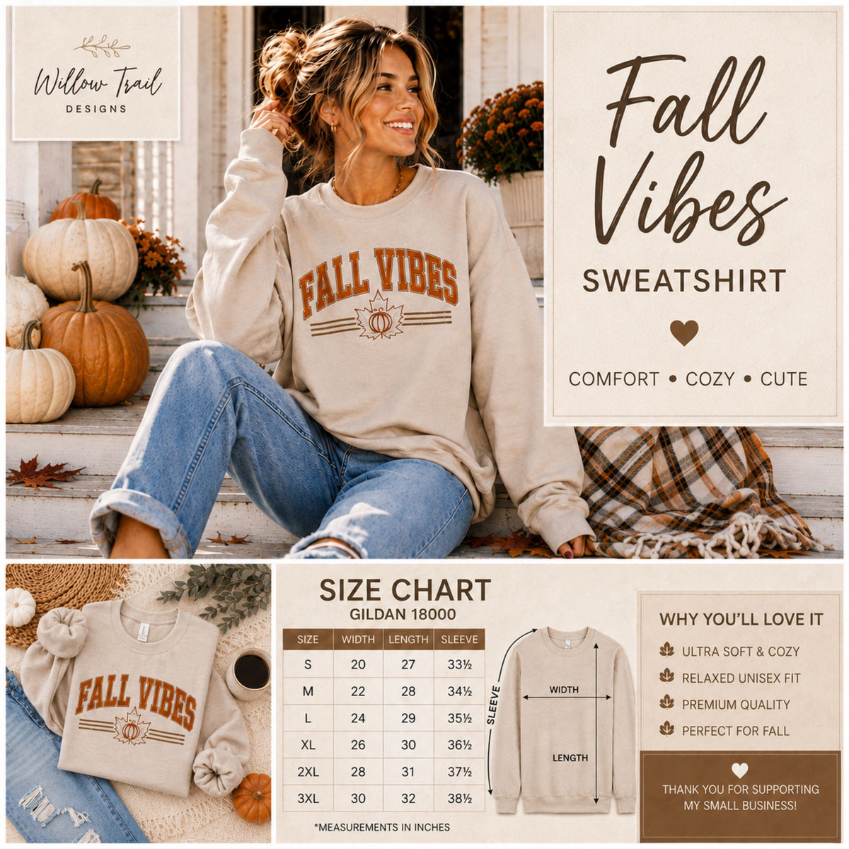 Fall Vibes sweatshirt collage with a model in a cream sweatshirt, a folded product view, and a Gildan 18000 size chart for Sā3XL.