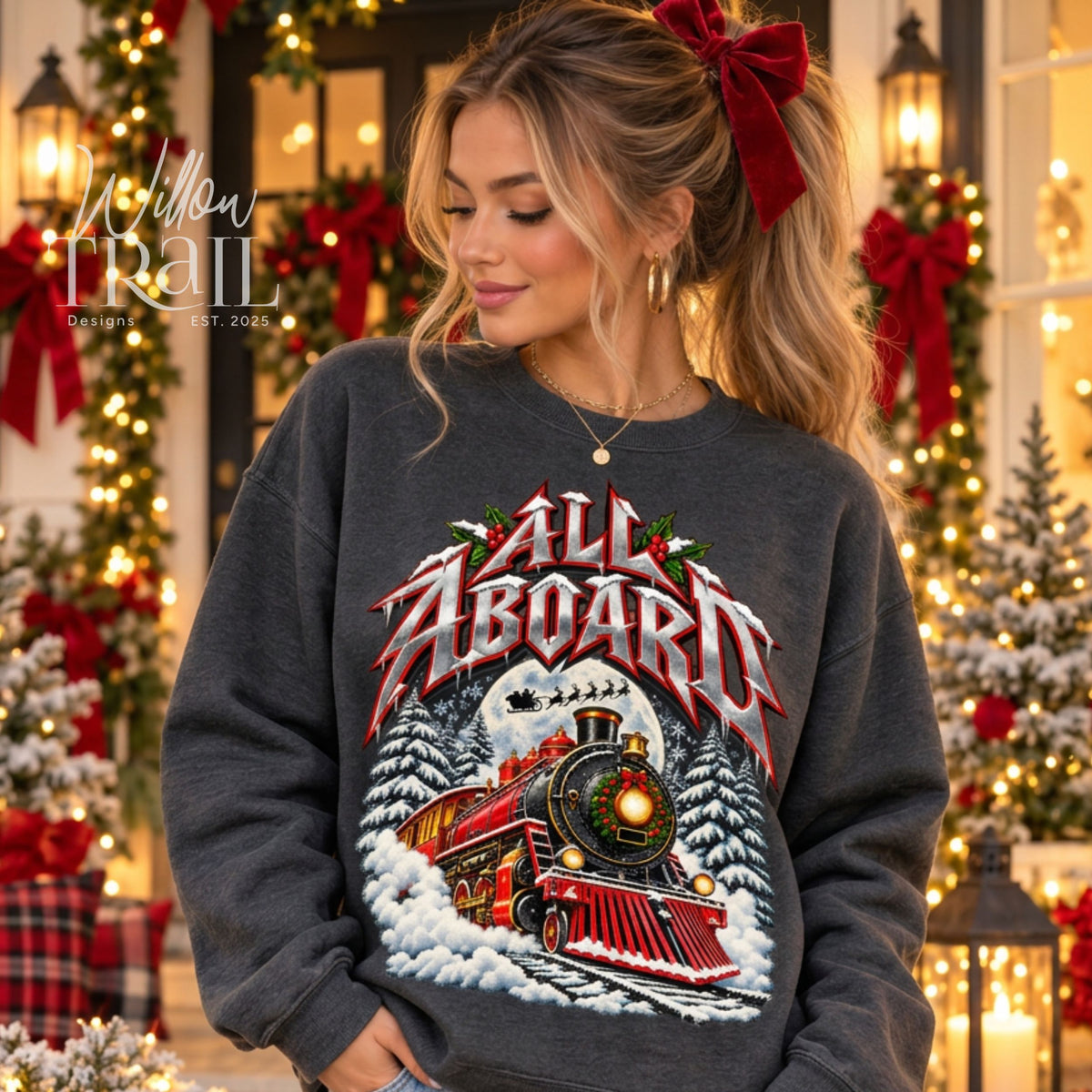 All Aboard Vintage Train Christmas Sweatshirt