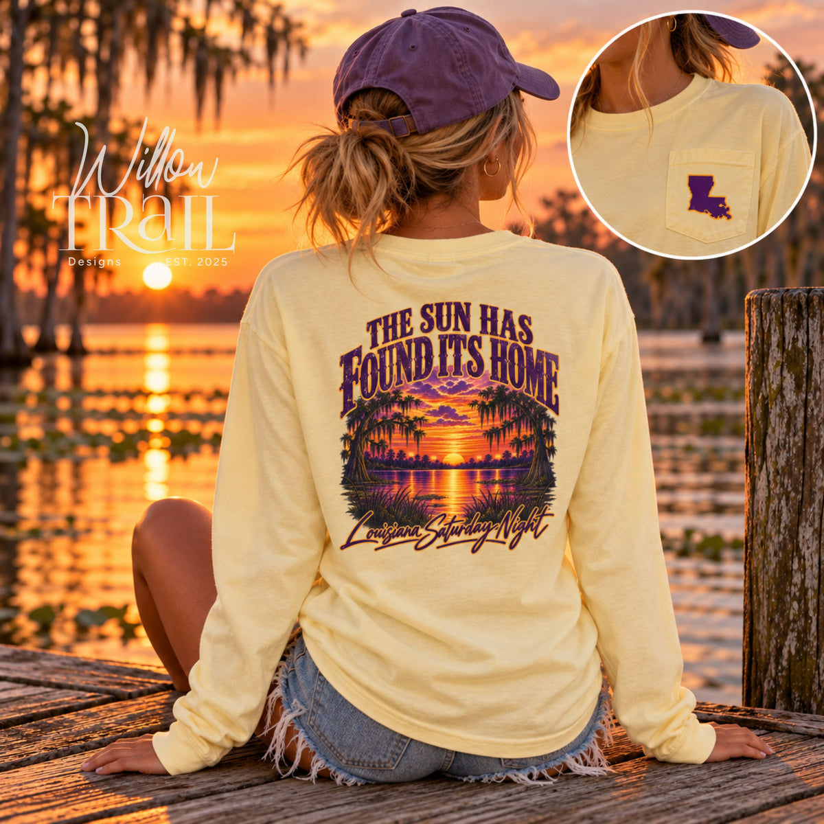 Louisiana Bayou Sunset Long Sleeve Pocket Tee