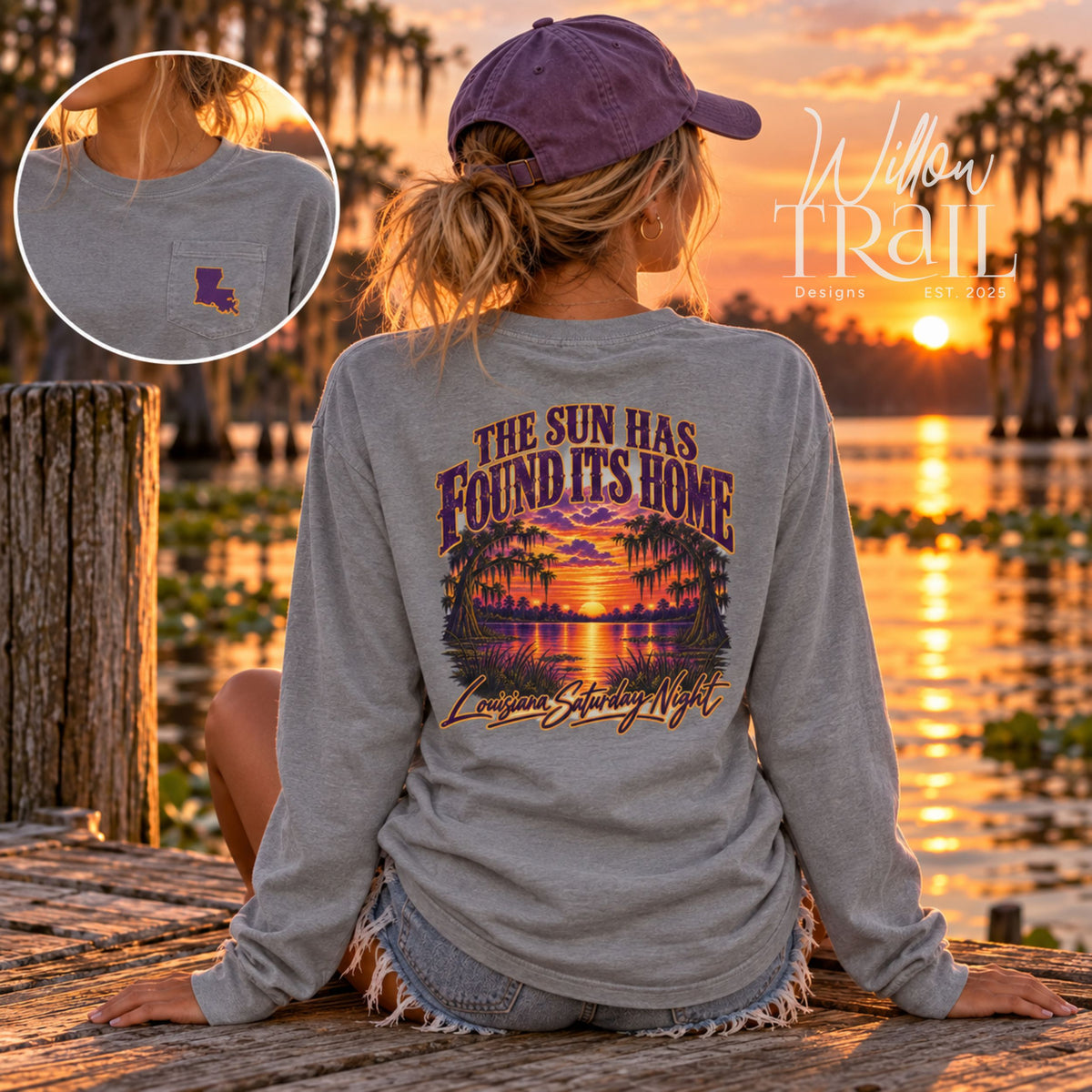 Louisiana Bayou Sunset Long Sleeve Pocket Tee