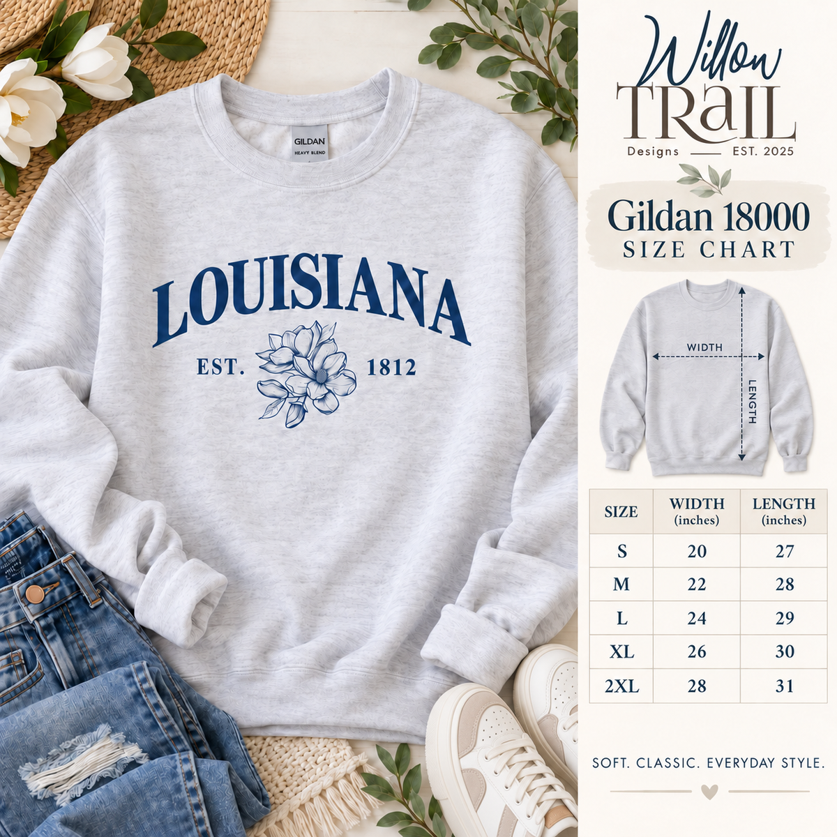 Louisiana Magnolia Gildan 18000 size chart. Width × length in inches: S 20 × 27; M 22 × 28; L 24 × 29; XL 26 × 30; 2XL 28 × 31. Diagram shows garment width and length.